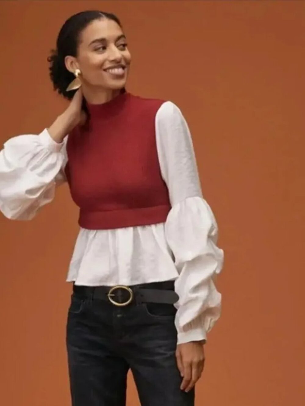 Anthropologie Red Layered Knit & White Ruffle Blouse small
